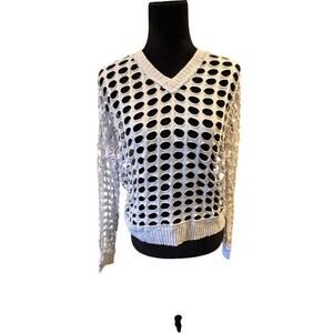 Pete Collection Open Weave White Long Sleeve Knit Sweater Top Women's Size  XS